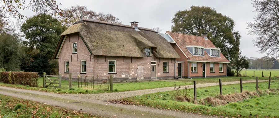 Karakteristieke bakstenen boerderij met een grote rieten kap in een groen Drents landschap