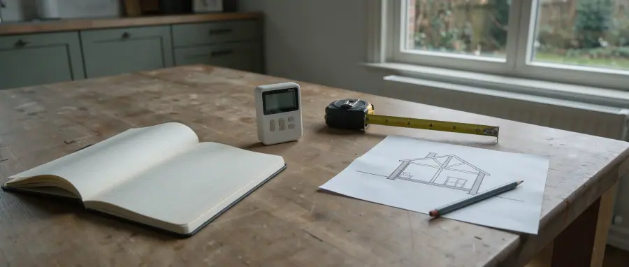 Keukentafel in een Coevordense woning met eigen notities, een CO2-meter en een schets van dak, gevel en vloer