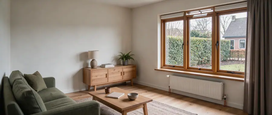 Geopend ventilatierooster boven een raam in een rustige, goed afgewerkte Nederlandse woonkamer