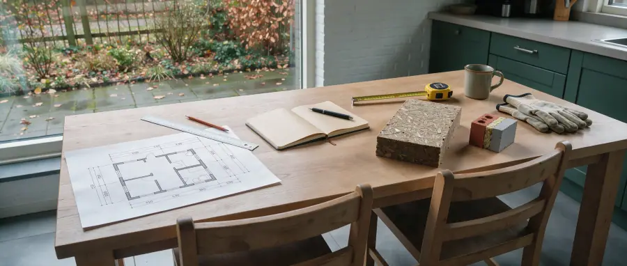 Tafel in een Coevordense woning met woningtekening, notitieboek en meetlint als voorbereiding op een isolatiegesprek