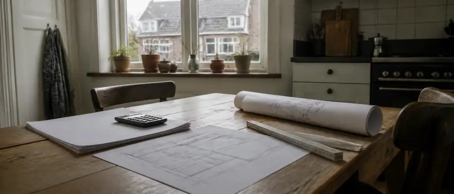 Keukentafel met een uitgeprinte offerte, een rekenmachine en een opgerolde plattegrond