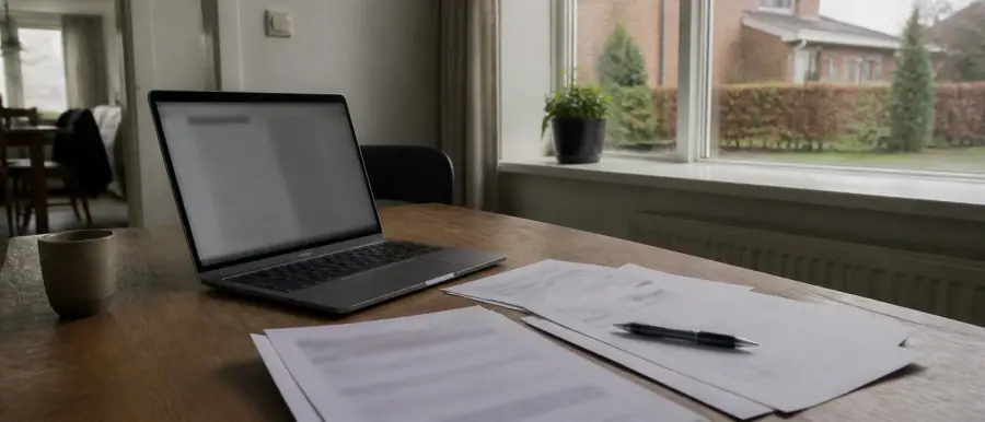 Bureau met aanvraagformulieren en een opengeklapte laptop